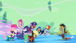 Size: 8819x4949 | Tagged: safe, artist:byteslice, artist:imageconstructor, applejack, discord, fili-second, fluttershy, mistress marevelous, pinkie pie, radiance, rainbow dash, rarity, saddle rager, twilight sparkle, zapp, pony, g4, power ponies (episode), .svg available, absurd resolution, filly, mane six, masked matter-horn costume, power ponies, svg, vector, younger