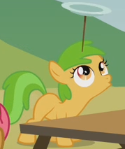 Size: 179x213 | Tagged: safe, screencap, apple squash, earth pony, pony, apple family reunion, g4, apple family member, background pony, cropped, female, filly, foal, looking up, plate spinning, solo focus