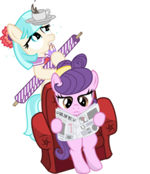 Size: 6000x6946 | Tagged: safe, artist:medio-cre, coco pommel, suri polomare, earth pony, pony, g4, absurd resolution, coffee, duo, duo female, female, foal free press, mare, newspaper, simple background, transparent background, vector