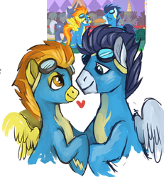 Size: 1024x1109 | Tagged: safe, artist:stockingstealer, soarin', spitfire, g4, the best night ever, cute, female, heart, love, male, ship:soarinfire, shipping, straight, wonderbolts