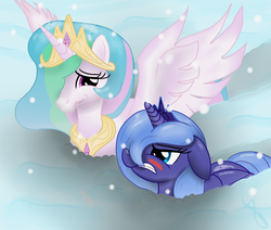 Size: 1024x868 | Tagged: safe, artist:sonicrainboom93, princess celestia, princess luna, g4, cute, filly, snow, snowfall, woona