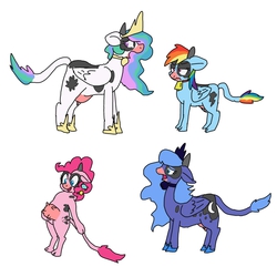 Size: 800x800 | Tagged: dead source, safe, artist:kushina13, pinkie pie, princess celestia, princess luna, rainbow dash, cow, bell, bell collar, collar, cowbell, cowified, pegacow, pincow pie, pixiv, princess cowlestia, princess moona, rainbovine dash, s1 luna, simple background, species swap, udder, wings