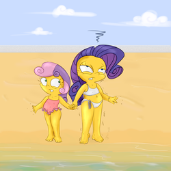 Size: 3000x3000 | Tagged: source needed, safe, artist:tkc, rarity, sweetie belle, g4, barely salmon, beach, belly button, chibi, cold, male, one-piece swimsuit, swimsuit, the simpsons, wet