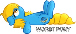 Size: 1280x577 | Tagged: safe, artist:furrgroup, edit, oc, oc only, oc:internet explorer, pony, browser ponies, floppy ears, frown, internet explorer, internet explorer drama, on back, sad, simple background, solo, text, white background, worst pony