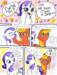 Size: 2514x3300 | Tagged: safe, artist:tristanjsolarez, applejack, rarity, earth pony, pony, unicorn, comic:trans ponies, g4, comic, confused, duo, female, implied rainbow dash, implied tex, mare, question mark, starry eyes, traditional art, wingding eyes