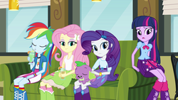 Size: 1920x1080 | Tagged: safe, screencap, fluttershy, rainbow dash, rarity, spike, twilight sparkle, dog, equestria girls, g4, boots, bracelet, clothes, high heel boots, jewelry, lidded eyes, milkshake, skirt, soda, spike the dog