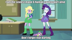 Size: 960x540 | Tagged: safe, edit, edited screencap, screencap, rarity, spike, twilight sparkle, dog, equestria girls, g4, my little pony equestria girls, boots, image macro, meme, sexiest pony alive, shoes, spike the dog, twilight strong