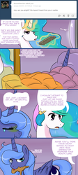 Size: 1000x2234 | Tagged: safe, artist:pijinpyon, princess celestia, princess luna, ask little luna, g4, ask, bed, cookie, food, gingerbread (food), remote, s1 luna, tumblr