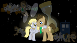 Size: 1280x720 | Tagged: safe, artist:mrflabbergasted, derpy hooves, doctor whooves, time turner, pegasus, pony, g4, bubble, cutie mark, female, hourglass, hug, male, mare, necktie, ship:doctorderpy, shipping, space, straight, tardis, tiestars, vector, wallpaper