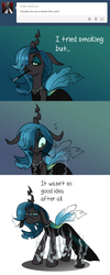 Size: 1000x2496 | Tagged: safe, artist:jokerpony, queen chrysalis, ask teen chrysalis, g4, cigarette, cigarette holder, clothes, comic, dress, female, holes in wings, smoking, solo, trypophobia, tumblr