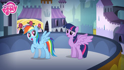 Size: 1920x1080 | Tagged: safe, rainbow dash, twilight sparkle, pegasus, pony, g4, official, restore the elements of magic, balcony, canterlot castle, duo, duo female, female, game, hasbro, looking at each other, looking at someone, missing horn, my little pony logo, pegasus twilight sparkle, race swap, spread wings, twilight sparkle (alicorn), wallpaper, wings