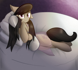 Size: 2000x1800 | Tagged: safe, artist:franticlava, octavia melody, earth pony, pony, g4, bed, clothes, cute, female, looking at you, mare, nightgown, on bed, pillow, see-through, solo, tavibetes