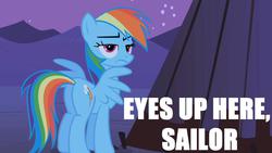 Size: 1912x1080 | Tagged: safe, edit, edited screencap, screencap, rainbow dash, pegasus, pony, g4, over a barrel, butt, eyes up here, female, grumpy, image macro, mare, plot, rainbutt dash, solo