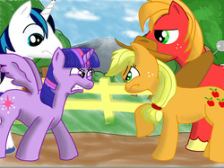 Size: 1890x1417 | Tagged: safe, applejack, big macintosh, shining armor, twilight sparkle, alicorn, pony, g4, big brother, brother and sister, fanfic, fanfic art, female, male, mare, palindrome get, siblings, twilight sparkle (alicorn)