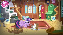 Size: 1920x1080 | Tagged: safe, angel bunny, twilight sparkle, alicorn, ferret, pony, rabbit, squirrel, g4, official, restore the elements of magic, acorn, animal, bird house, crouching, female, fluttershy's cottage, fluttershy's cottage (interior), game, hasbro, mare, my little pony logo, twilight sparkle (alicorn), wallpaper
