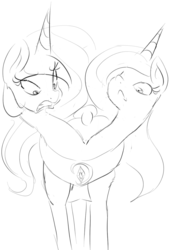 Size: 925x1357 | Tagged: safe, artist:zev, princess celestia, princess luna, g4, conjoined, conjoined royal sisters, conjoined twins, fusion, grayscale, monochrome, multiple heads, scared, ship:princest, shocked, surprised, together forever, two heads, wat, we have become one, what has science done