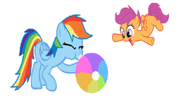 Size: 1024x622 | Tagged: safe, artist:lightingdashie171, rainbow dash, scootaloo, g4, beach ball, blowing, puffy cheeks, smiling