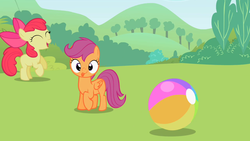 Size: 1280x720 | Tagged: safe, screencap, apple bloom, scootaloo, g4, lesson zero, beach ball, derp, silly