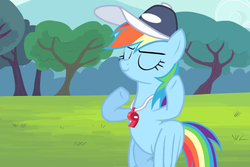 Size: 960x640 | Tagged: safe, rainbow dash, flight to the finish, g4, clapping, female, hat, rainbow dashs coaching whistle, solo, whistle, whistle necklace