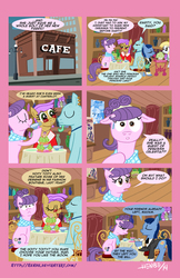 Size: 792x1224 | Tagged: safe, artist:henbe, derpy hooves, suri polomare, oc, pegasus, pony, g4, rarity takes manehattan, comic, cupcake, female, irony, justice, karma, laser-guided karma, mare, muffin