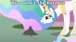 Size: 960x539 | Tagged: safe, edit, edited screencap, screencap, philomena, princess celestia, alicorn, pony, a bird in the hoof, g4, ash, caption, female, mare, tyrant celestia