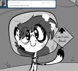 Size: 880x800 | Tagged: safe, artist:tess, oc, oc only, ask hobo pony, hobo pony, monochrome, solo, tumblr