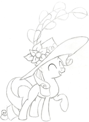 Size: 1889x2585 | Tagged: safe, artist:muffin mane, rarity, g4, sweet and elite, female, giant hat, hat, monochrome, pencil drawing, solo, traditional art