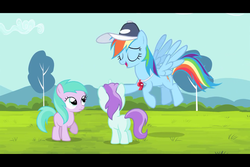 Size: 960x640 | Tagged: safe, screencap, liza doolots, petunia, rainbow dash, tootsie flute, earth pony, pegasus, pony, unicorn, flight to the finish, g4, butt, coach, coach rainbow dash, filly, hat, letterboxing, out of context, petting, plot, rainbow dashs coaching whistle, whistle, whistle necklace