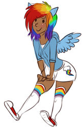 Size: 434x666 | Tagged: safe, artist:starloo, rainbow dash, human, g4, clothes, converse, dark skin, eared humanization, female, humanized, shoes, solo, winged humanization