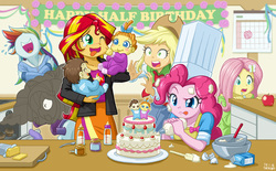 Size: 1100x684 | Tagged: safe, artist:uotapo, applejack, fluttershy, pinkie pie, pound cake, pumpkin cake, rainbow dash, rarity, sunset shimmer, human, equestria girls, g4, apple, applejack's hat, birthday, cake, cake twins, clothes, cooking, cowboy hat, crying, cute, drool, equestria girls-ified, female, food, freckles, funny face, happy birthday, hat, implied flutterbat, jacket, laughing, male, no pupils, nose in the air, one eye closed, oven, pulling, shirt, siblings, skirt, smoke, sunset helper, tears of laughter, tongue out, toque, twins
