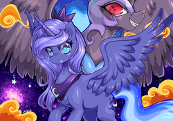 Size: 1024x717 | Tagged: safe, artist:jiayi, nightmare moon, princess luna, alicorn, pony, g4, colored pupils, evil grin, female, grin, looking at you, mare, red eyes, s1 luna, smiling, spread wings, wings