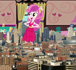 Size: 1400x1296 | Tagged: safe, sweetie belle, equestria girls, g4, bedroom, building, car, city, clothes, dancing, dress, female, giantess, happy, heart, kansas city, macro, micro, missouri, road, solo, street