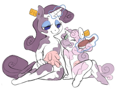 Size: 1200x900 | Tagged: safe, artist:moo, rarity, sweetie belle, cow, anthro, g4, brush, cowbelle, cowified, magic, raricow, telekinesis, udder