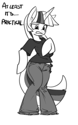 Size: 500x800 | Tagged: safe, artist:reiduran, twilight sparkle, pony, semi-anthro, g4, bipedal, clothes, female, grayscale, jeans, monochrome, solo