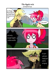 Size: 1005x1401 | Tagged: safe, artist:thegreatrouge, applejack, pinkie pie, anthro, g4, pinkie apple pie, ambiguous facial structure, comic, sparkles