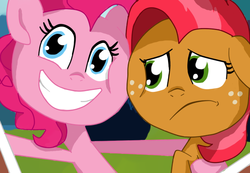 Size: 650x450 | Tagged: safe, babs seed, pinkie pie, g4, cousin, family, photo, smiling, squishy cheeks