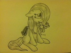 Size: 1024x765 | Tagged: safe, artist:inurantchan, fluttershy, g4, female, filly, mouth hold, solo, teddy bear, traditional art, younger