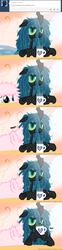 Size: 650x2625 | Tagged: safe, artist:mixermike622, queen chrysalis, oc, oc:fluffle puff, tumblr:ask fluffle puff, g4, ask, bed hair, bed mane, coffee, messy mane, morning ponies, tumblr