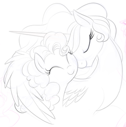 Size: 693x696 | Tagged: safe, artist:mn27, pinkie pie, princess celestia, g4, c:, cute, eyes closed, female, happy, hug, lesbian, lineart, momlestia, monochrome, nuzzling, ship:pinkielestia, shipping, smiling, winghug