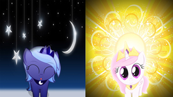 Size: 1920x1080 | Tagged: safe, artist:mr-kennedy92, princess celestia, princess luna, g4, cewestia, cute, cutelestia, diabetes, eyes closed, filly, looking at you, lunabetes, moon, open mouth, smiling, stars, sun, thread, vector, wallpaper, woona