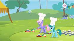 Size: 639x361 | Tagged: safe, screencap, bluebell, empathy (character), flitter, lightning bolt, rainbowshine, spring melody, sprinkle medley, sudden shower, white lightning, pegasus, pony, g4, rainbow falls, season 4, background pony, banner, chef's hat, female, hat, hooves down cakes up, hub logo, mare, weight lifting