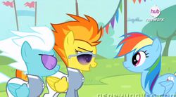 Size: 837x462 | Tagged: safe, screencap, fleetfoot, rainbow dash, spitfire, pegasus, pony, g4, rainbow falls, warmup suit