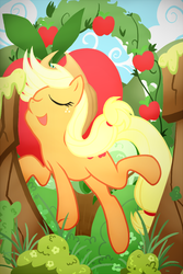 Size: 560x840 | Tagged: safe, artist:zat, applejack, earth pony, pony, g4, eyes closed, female, jumping, solo