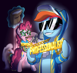 Size: 1591x1500 | Tagged: safe, artist:yoka-the-changeling, pinkie pie, pound cake, pumpkin cake, rainbow dash, g4, bling, bottomless, clothes, flour, jewelry, necklace, professionalism, responsibility, sunglasses, swag, tail bite, whistle