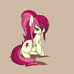 Size: 900x900 | Tagged: safe, artist:pixiekicks, roseluck, earth pony, pony, g4, alternate hairstyle, female, mare, simple background, sitting, smiling, solo