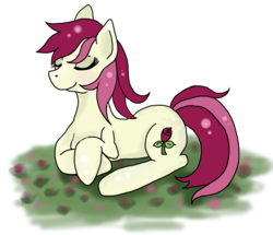 Size: 2302x1979 | Tagged: safe, artist:moekonya, roseluck, earth pony, pony, g4, eyes closed, female, mare, prone, simple background, smiling, solo, transparent background