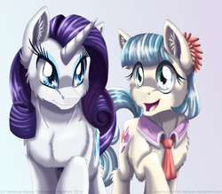Size: 900x788 | Tagged: safe, artist:inuhoshi-to-darkpen, coco pommel, rarity, g4, fluffy, open mouth, raised hoof, smiling