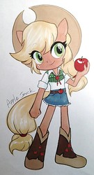 Size: 624x1152 | Tagged: safe, artist:shu, applejack, human, equestria girls, g4, apple, belt, boots, clothes, cowboy hat, eared humanization, female, freckles, hat, humanized, looking at you, miniskirt, obligatory apple, pixiv, ponied up, rolled up sleeves, shoes, skirt, smiling, solo, stetson, tail, tailed humanization