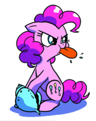 Size: 252x318 | Tagged: safe, idw, pinkie pie, crab, pony, g4, angry, conch, cropped, female, glare, hermit crab, raspberry, shell, sitting, solo, tongue out