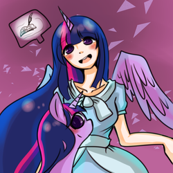 Size: 1000x1000 | Tagged: safe, artist:lessue, twilight sparkle, human, g4, female, horn, horned humanization, human ponidox, humanized, light skin, pixiv, solo, twilight sparkle (alicorn), winged humanization